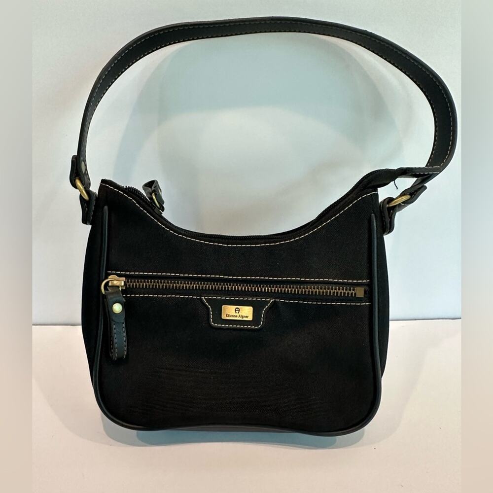 Vintage Etienne Aigner Black Canvas Mini Handbag with Leather and Brass accents